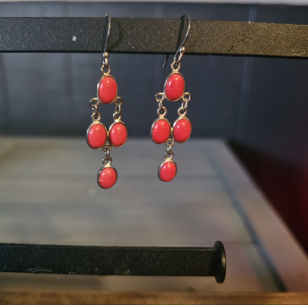 Natural 9ct Red Coral Dangle Earrings | Vintage Sterling Silver Style